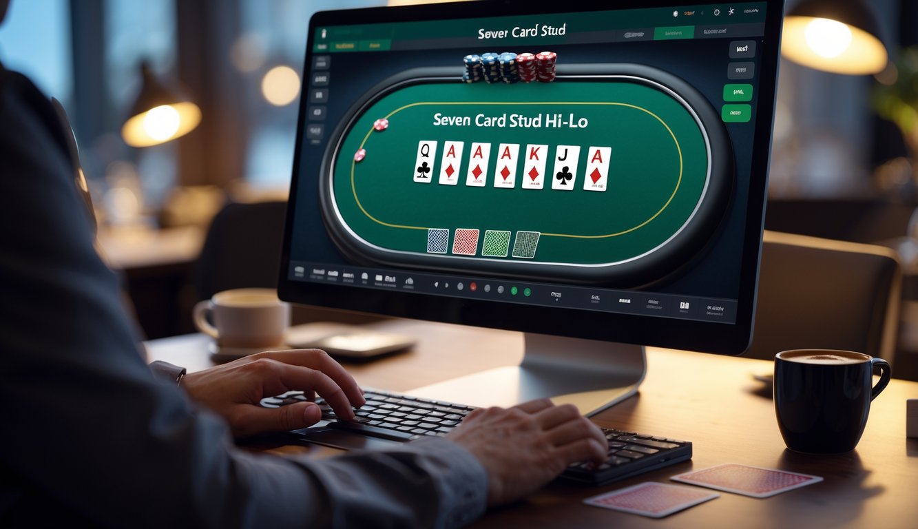 Seorang pemain sedang bermain poker online dengan tampilan meja poker digital dan kartu poker di layar komputer.