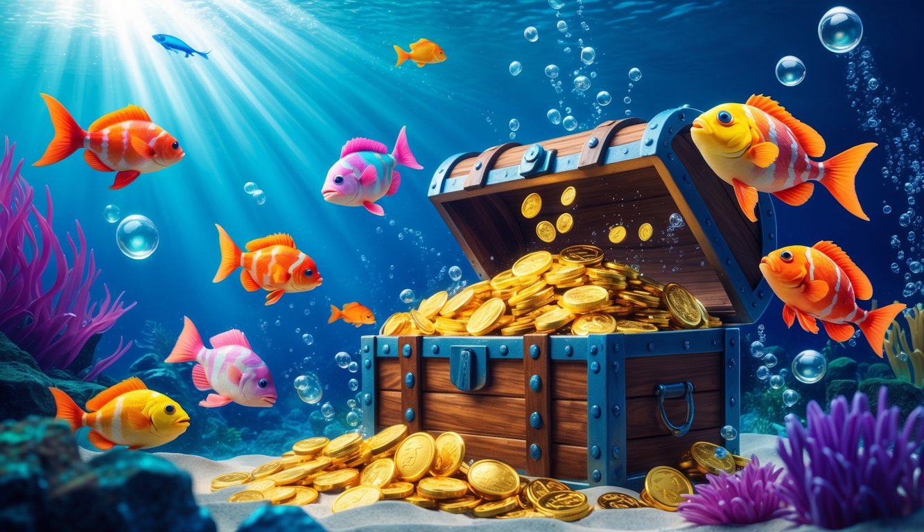 Pemandangan bawah laut dengan berbagai ikan dan monster laut berwarna-warni mengelilingi peti harta karun yang penuh dengan koin emas dan permata.