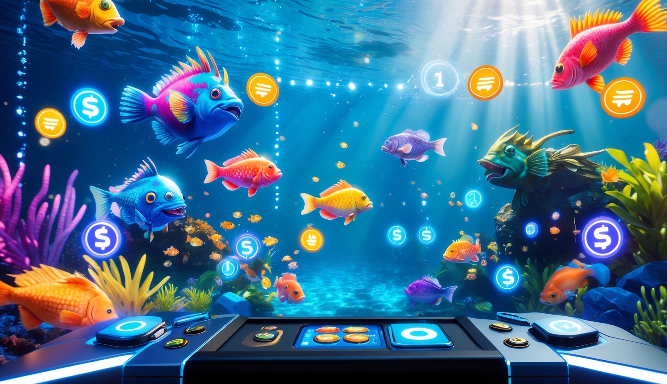 Adegan bawah laut dengan ikan dan monster warna-warni serta konsol permainan futuristik yang menampilkan suasana permainan tembak ikan dengan simbol jackpot dan bonus.