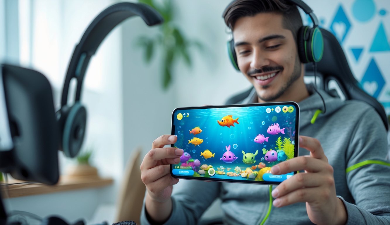 Seseorang sedang bermain game ikan monster di ponsel di ruangan yang terang dengan perlengkapan gaming.