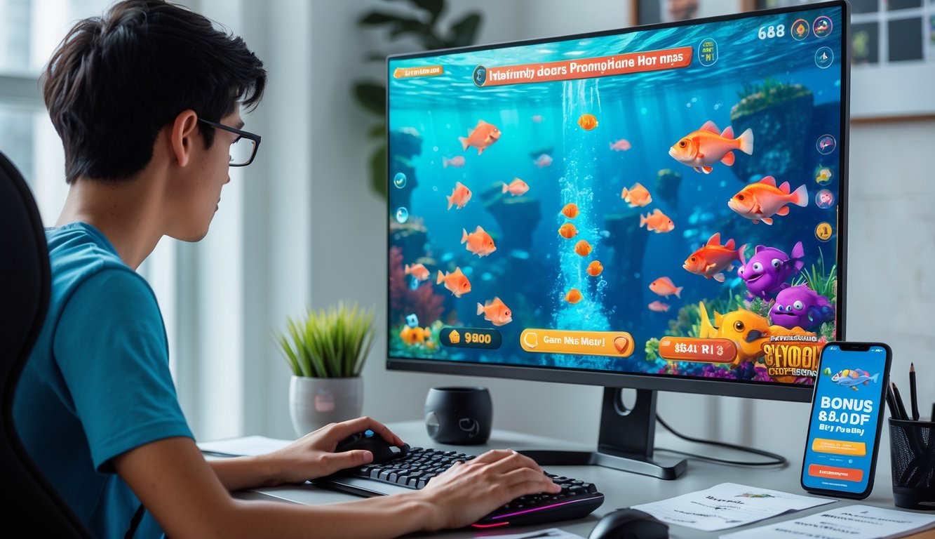 Seorang pemain pemula sedang fokus bermain permainan tembak ikan di depan komputer dengan latar bawah laut berwarna-warni dan suasana ruang kerja yang rapi.
