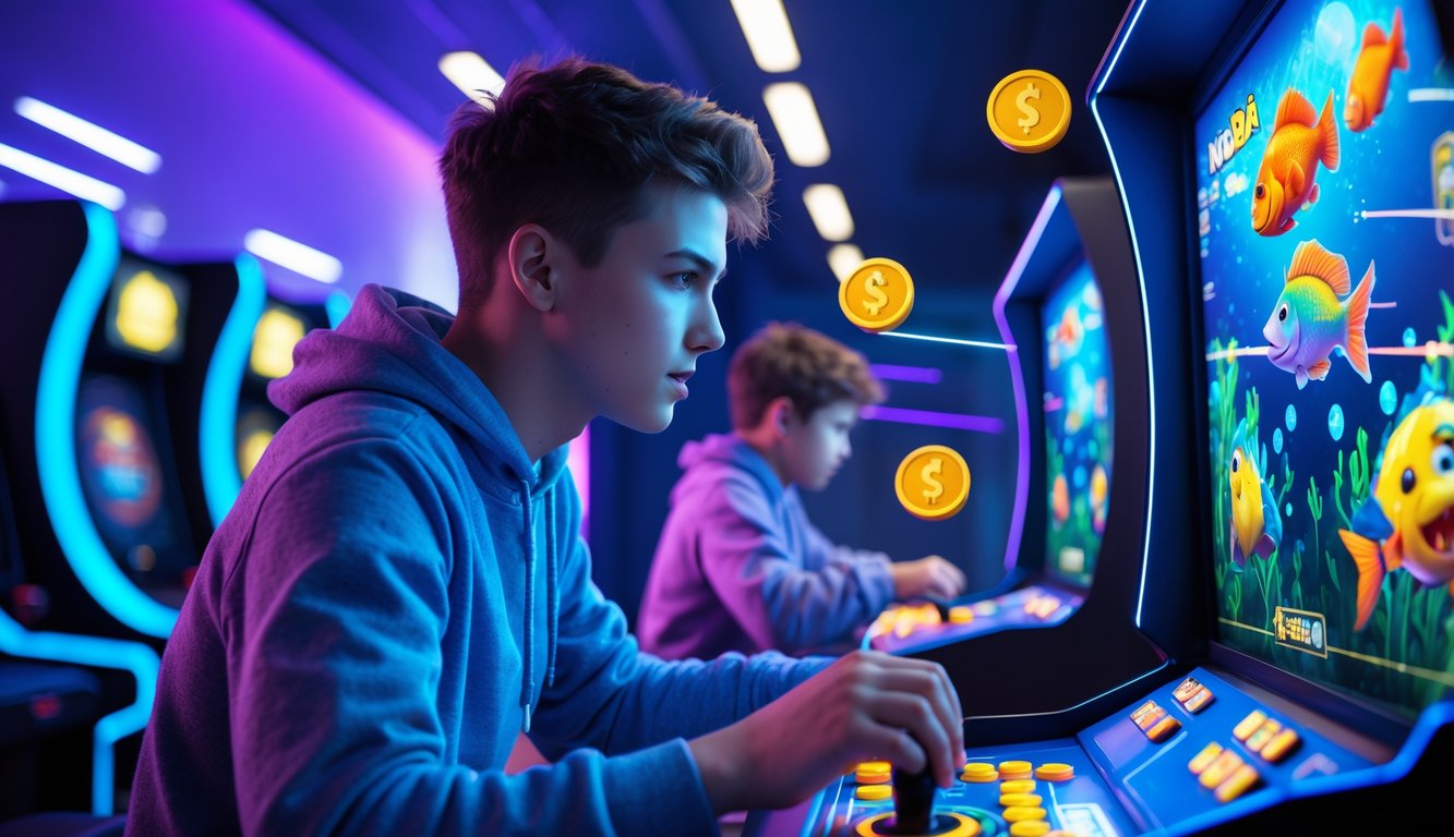 Seorang gamer muda yang serius bermain permainan tembak ikan di ruang permainan dengan pencahayaan biru dan ungu.