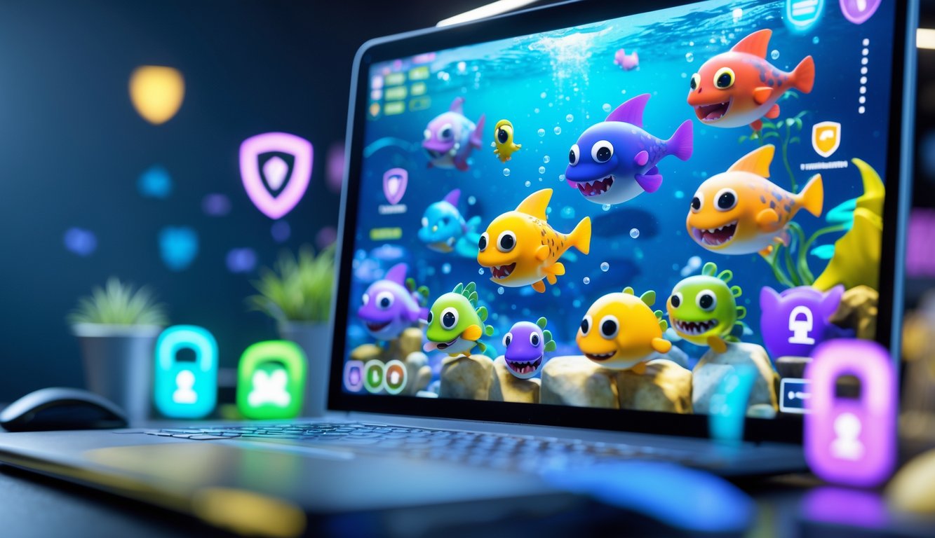 Layar komputer menampilkan permainan tembak ikan monster dengan latar bawah laut dan berbagai makhluk laut berwarna-warni.