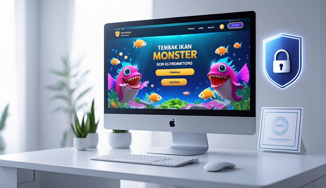 Sebuah meja kerja dengan komputer yang menampilkan permainan menembak ikan monster dan simbol keamanan di sekitarnya.
