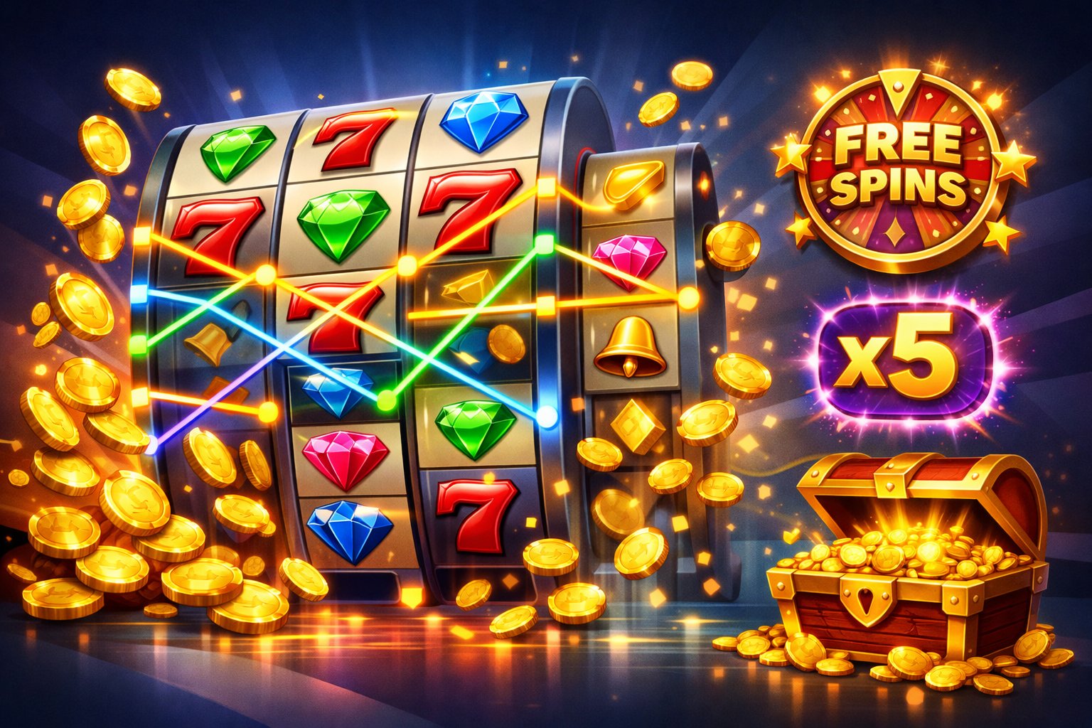 A Colorful Slot Machine With Spinning Reels Surrounded By Glowing Paylines And Icons Representing Bonus Features Like Free Spins, Multipliers, And Jackpots.