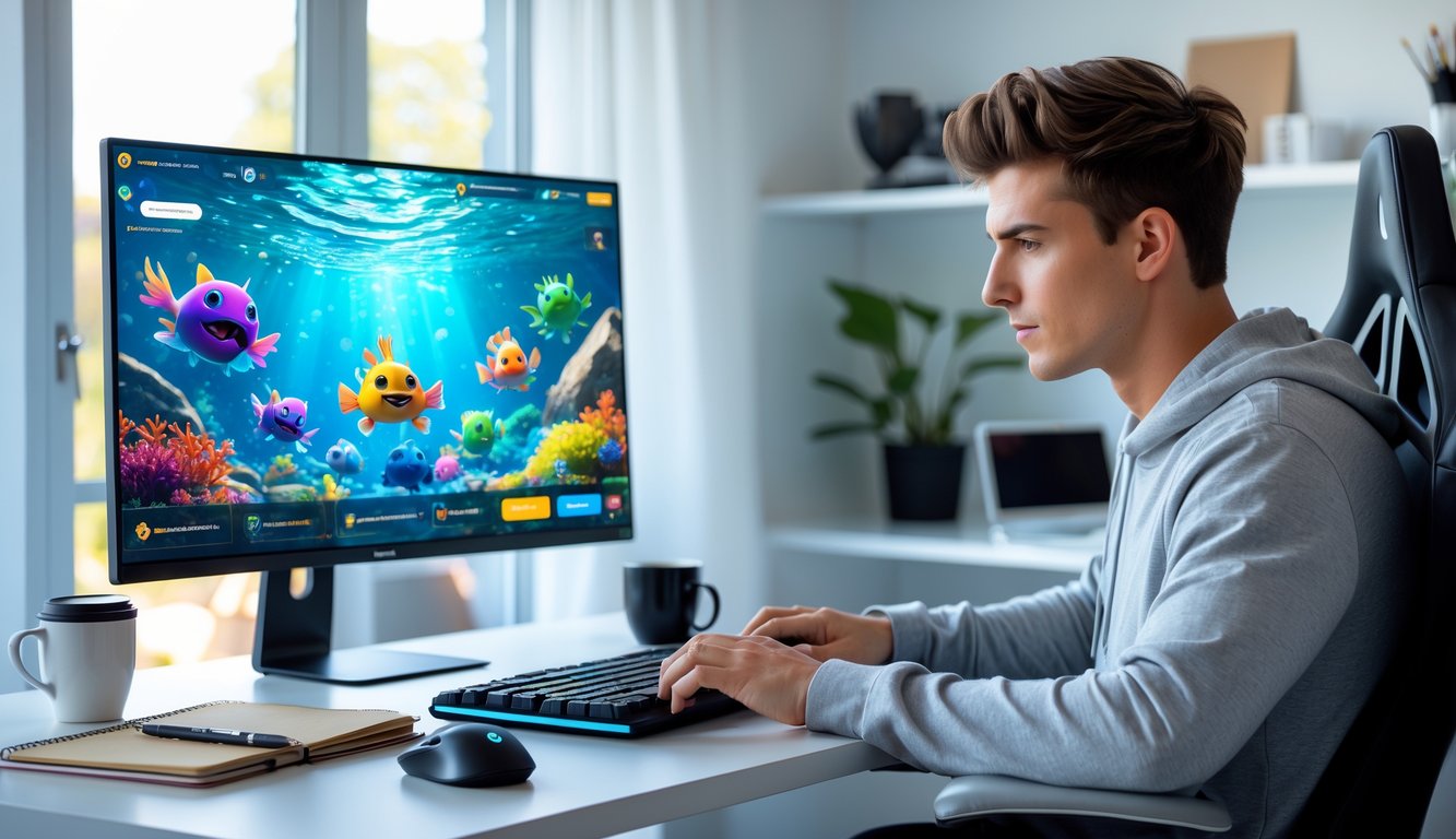 Seorang pria muda duduk di meja dengan komputer yang menampilkan permainan ikan monster warna-warni, terlihat fokus dan serius bermain game online.