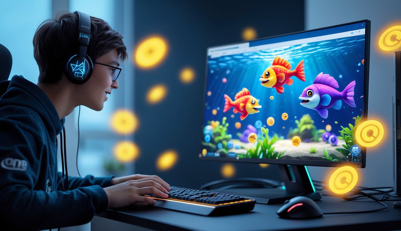 Seorang pemain muda fokus bermain game tembak ikan monster online di depan komputer dengan layar menampilkan grafis ikan monster berwarna-warni.
