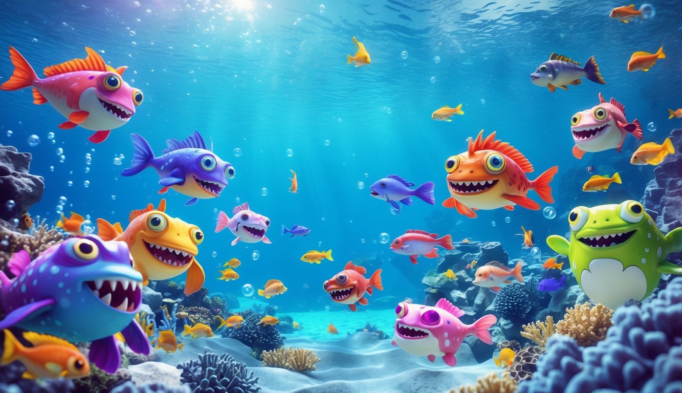 Pemandangan bawah laut yang penuh warna dengan berbagai monster laut dan ikan yang berenang secara dinamis.