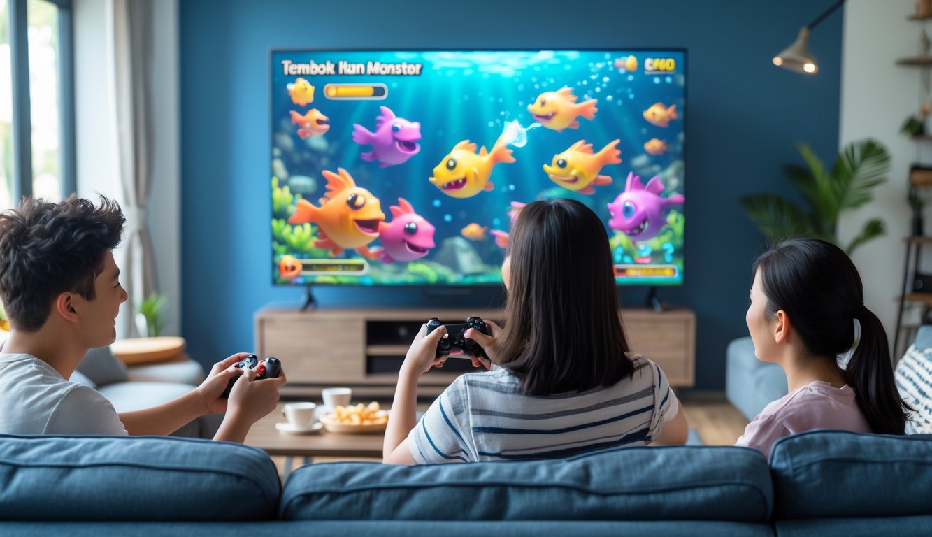 Beberapa orang sedang bermain game tembak ikan monster di ruang tamu yang nyaman dengan layar TV besar menampilkan ikan dan monster berwarna-warni.