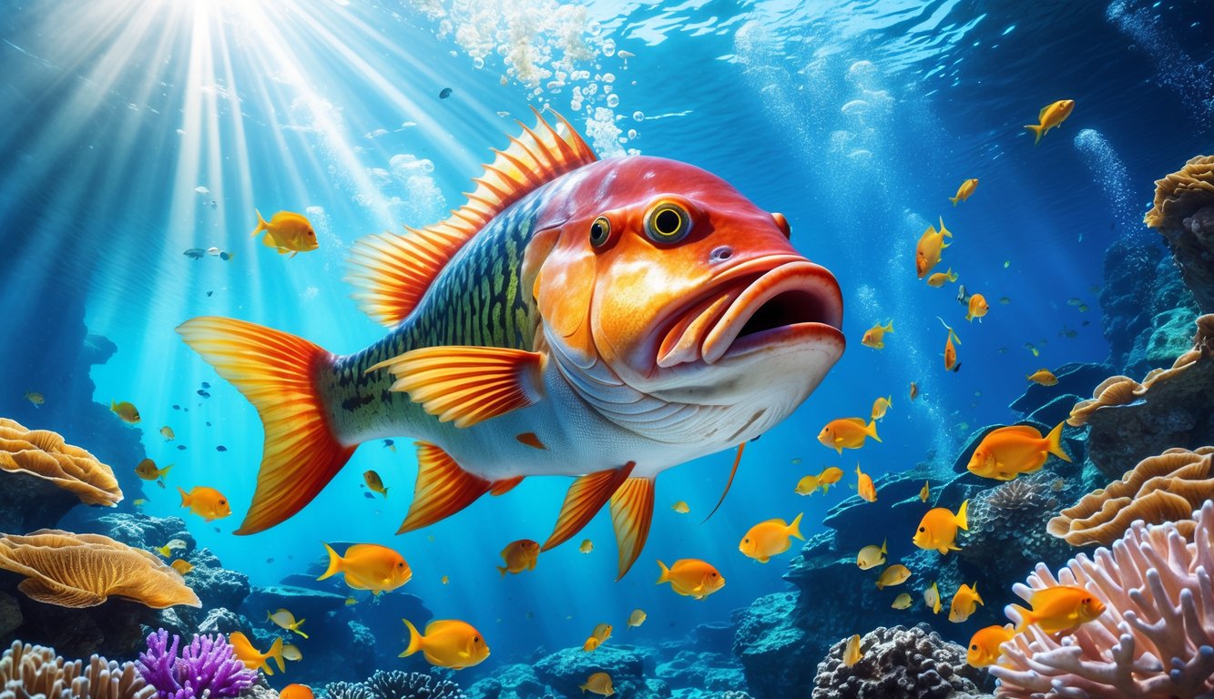 Pemandangan bawah air yang penuh dengan ikan warna-warni dan ikan monster besar di tengah, dengan terumbu karang dan gelembung air di latar belakang.