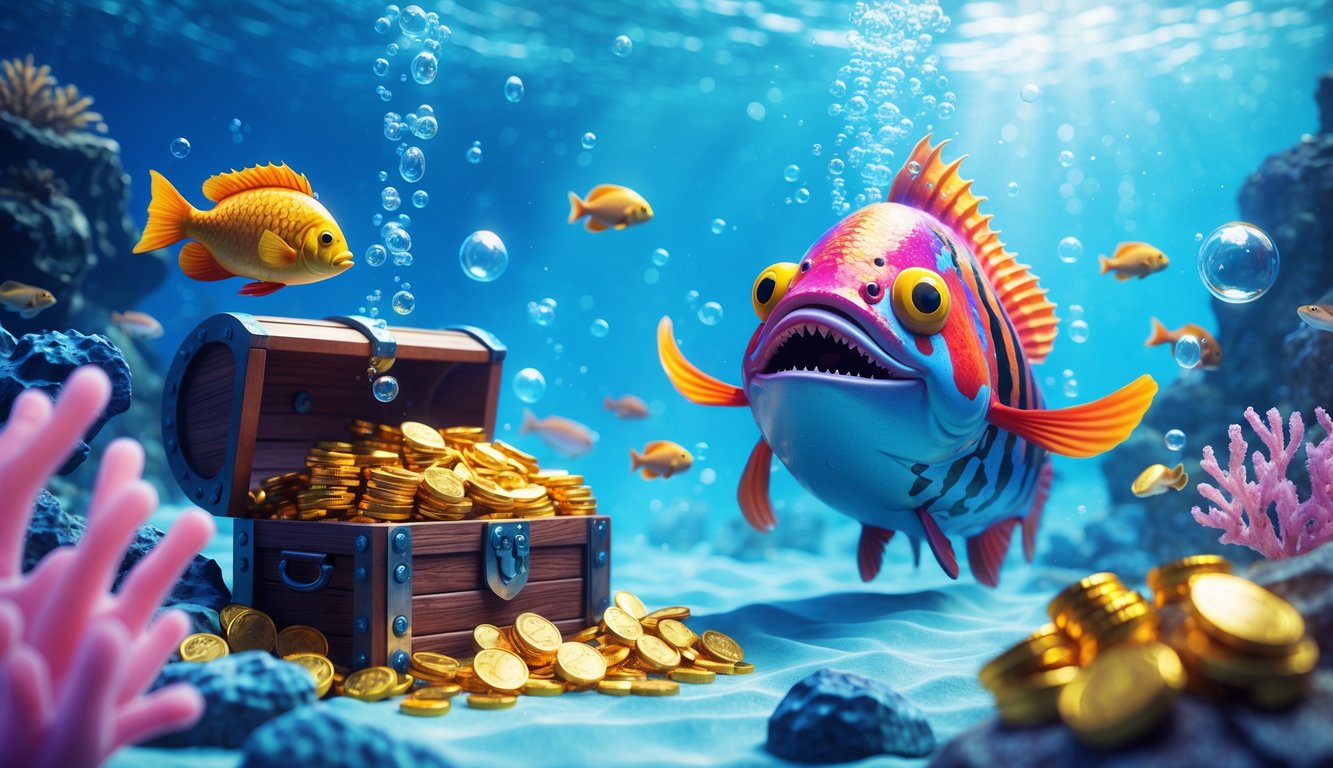 Pemandangan bawah laut dengan ikan monster besar berwarna-warni, karang bercahaya, dan peti harta karun berisi koin emas di dasar laut.
