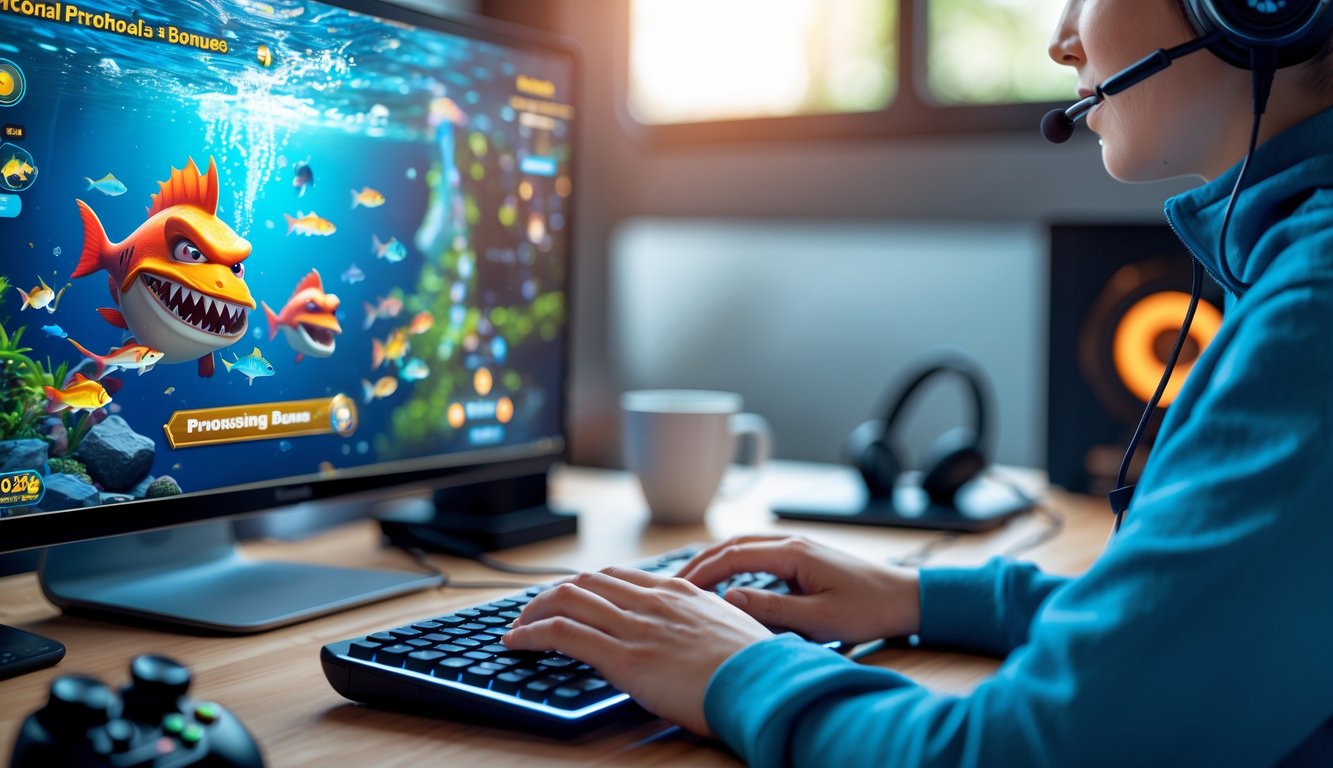 Seorang pemain sedang menggunakan komputer dengan layar menampilkan permainan memancing ikan monster, di ruang bermain yang nyaman.