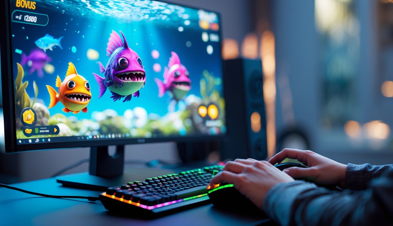 Seseorang sedang bermain game tembak ikan monster di komputer dengan layar menampilkan ikan monster berwarna-warni di bawah laut.