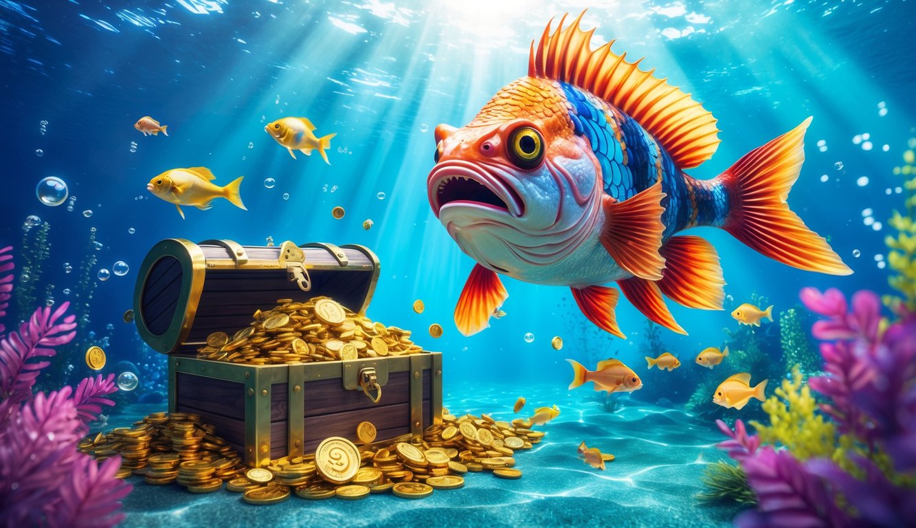 Laut biru dengan ikan monster besar berwarna-warni dekat peti harta karun yang penuh dengan koin emas dan perhiasan.