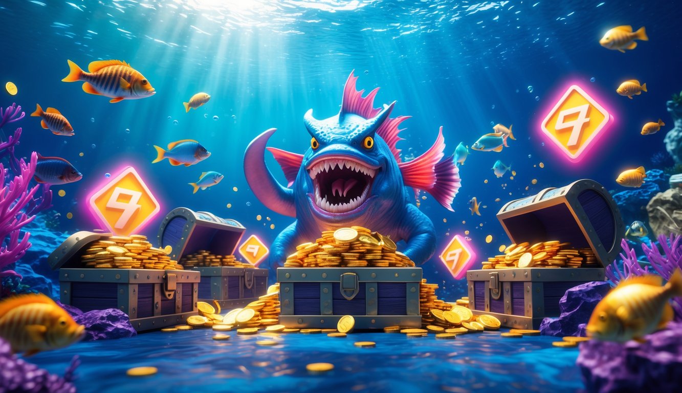 Adegan bawah laut dengan ikan berwarna-warni dan monster laut besar di tengah, dikelilingi oleh simbol jackpot dan peti harta karun berisi koin emas.