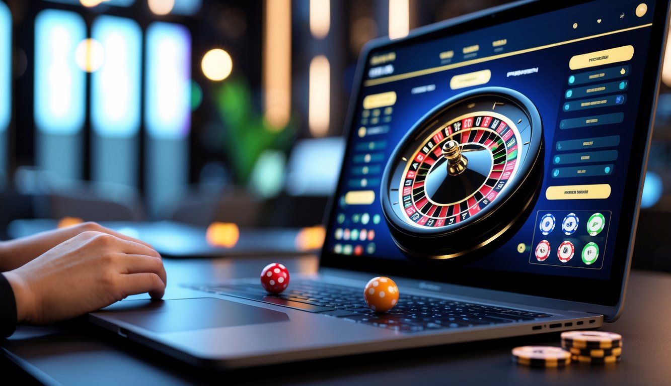 Layar komputer menampilkan permainan roulette online dengan dua bola yang berputar, di lingkungan yang modern dan terang.