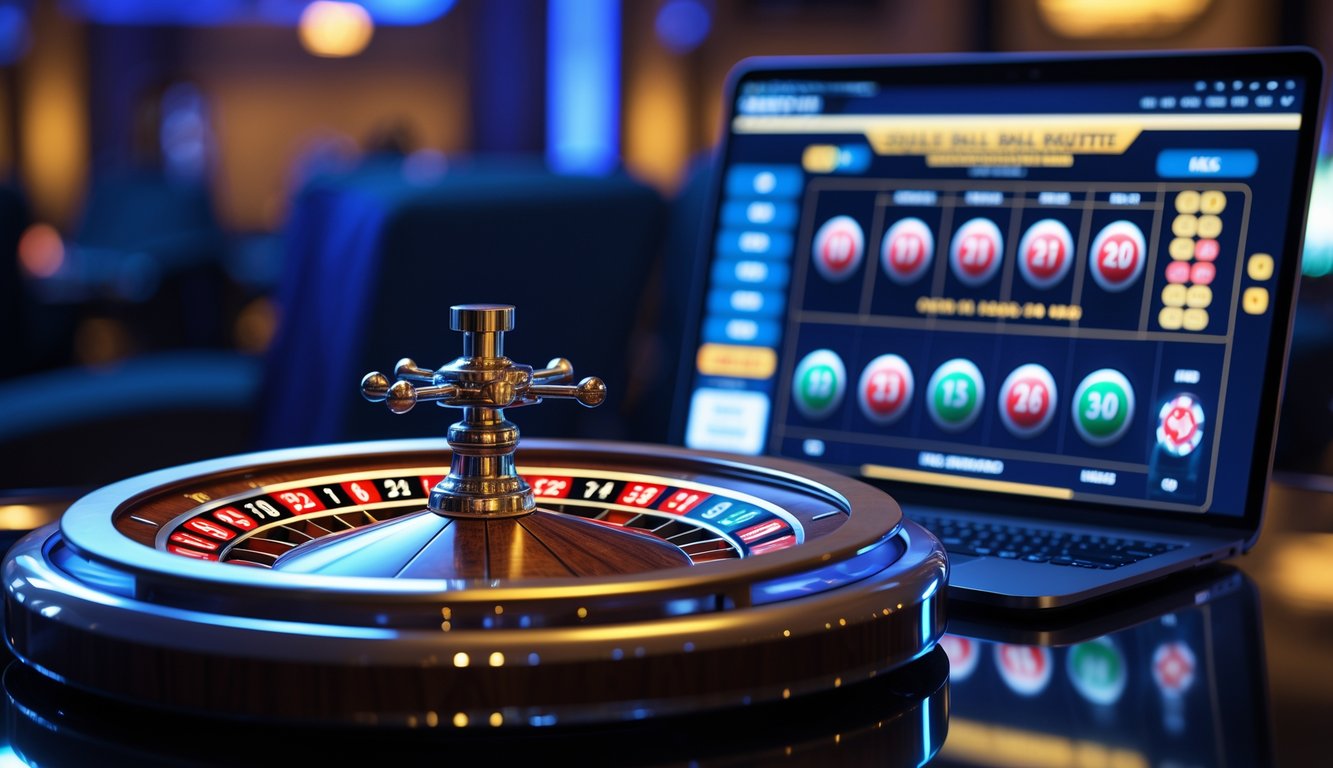 Meja roulette digital dengan dua bola yang berputar dan layar perangkat menampilkan permainan roulette online.