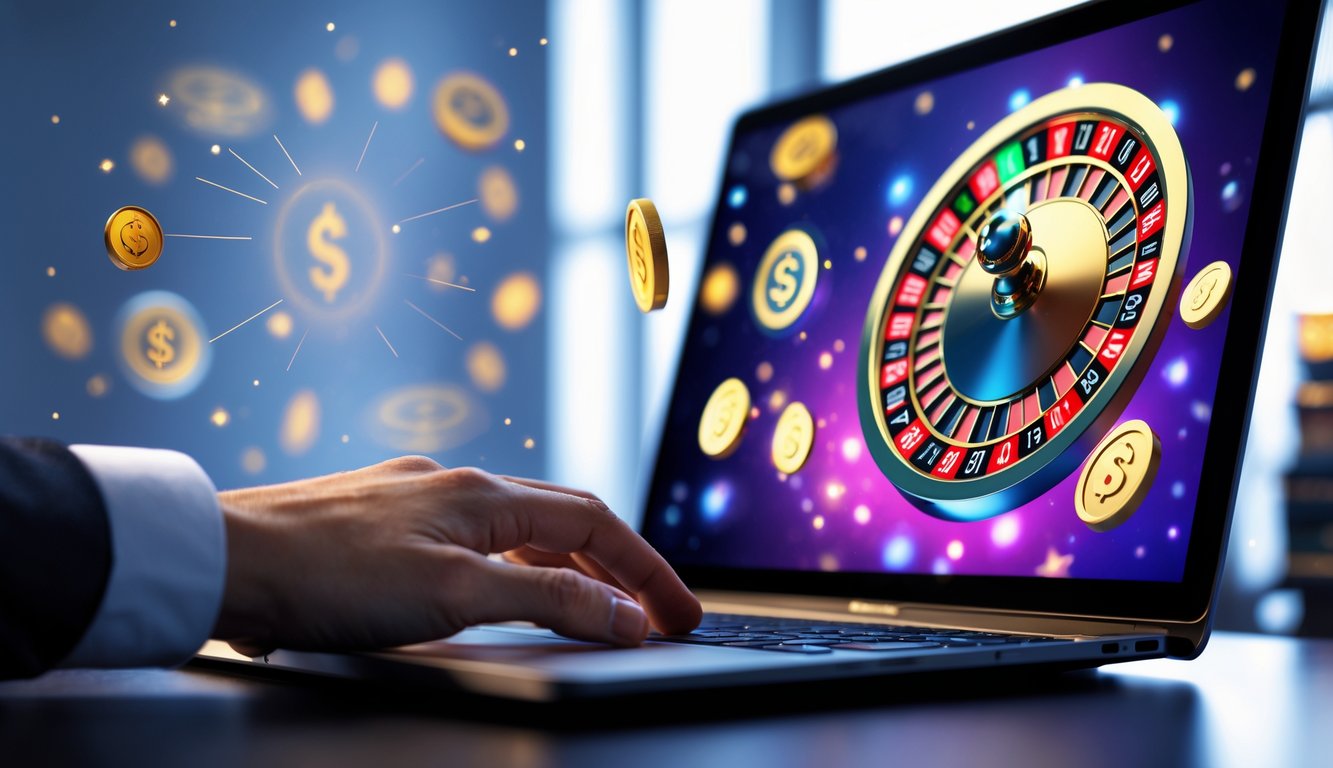 Seseorang menggunakan komputer dengan layar menampilkan roda roulette ganda yang sedang berputar, di lingkungan kasino online.