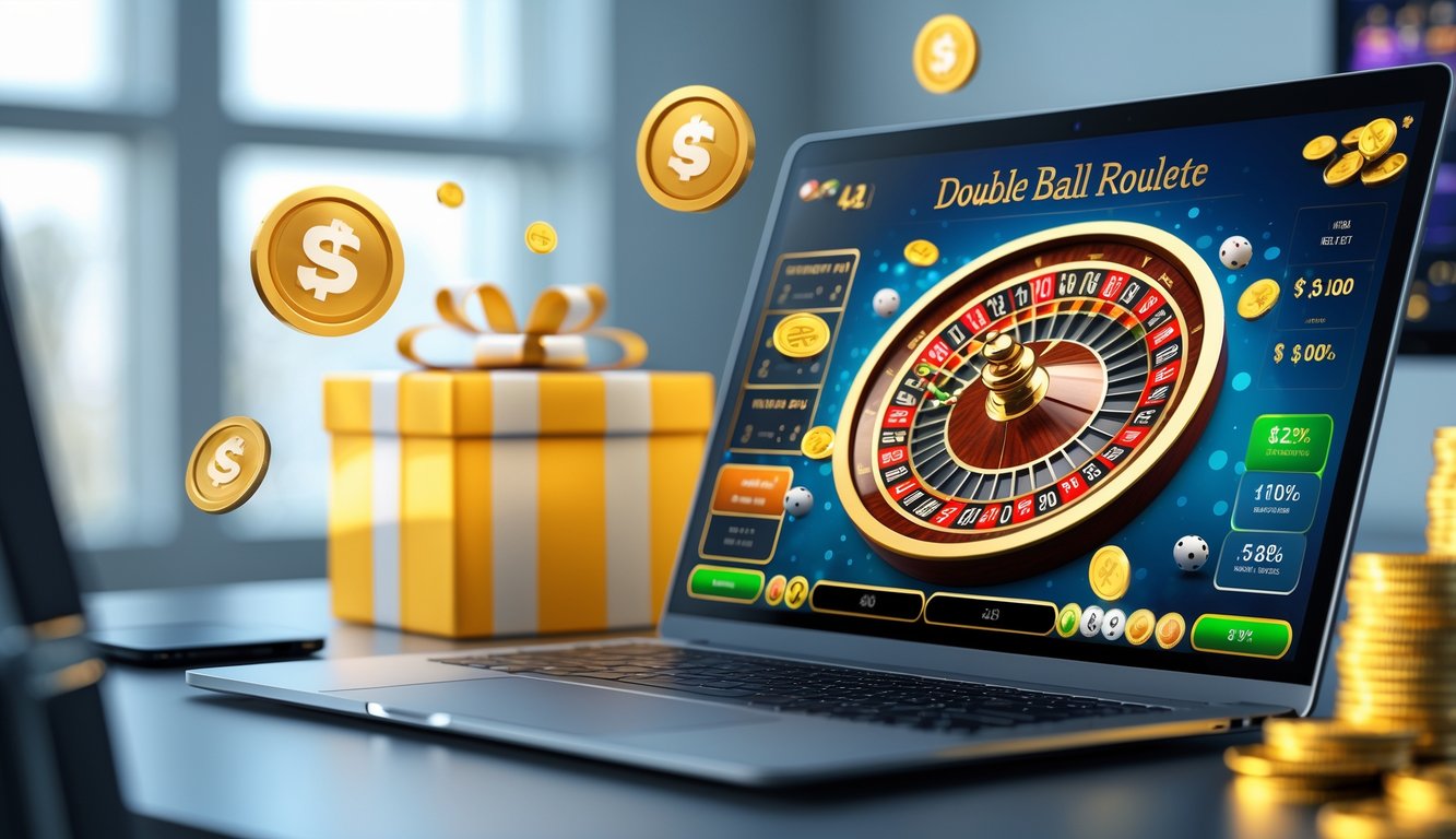 Seorang pengguna komputer dengan layar menampilkan permainan roulette ganda dua bola, di meja kerja yang rapi dengan suasana terang dan elemen simbol promosi bonus di sekitar.