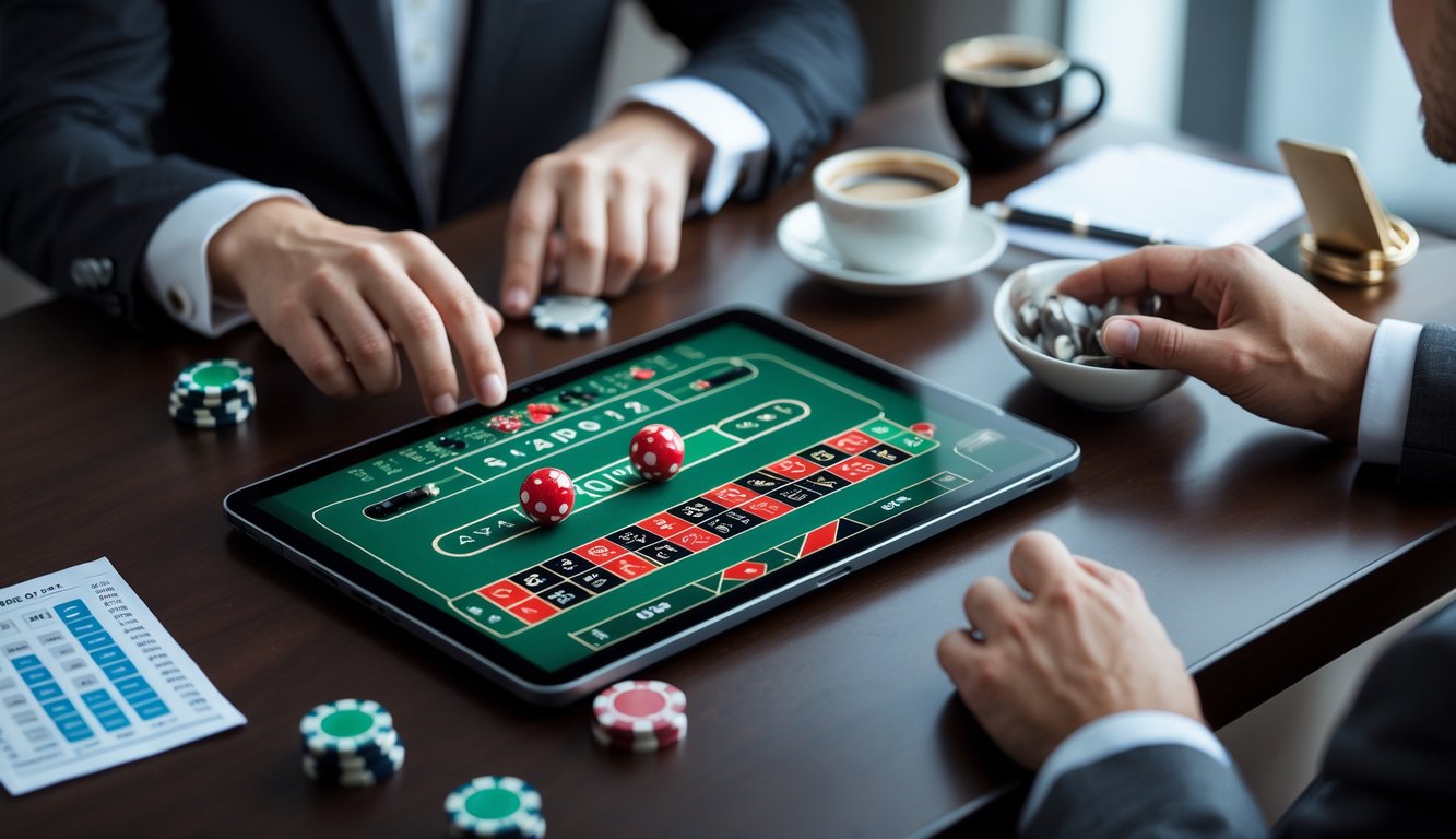 Seorang pemain sedang melihat meja roulette digital dengan dua bola berputar di layar komputer di lingkungan kasino online yang profesional.