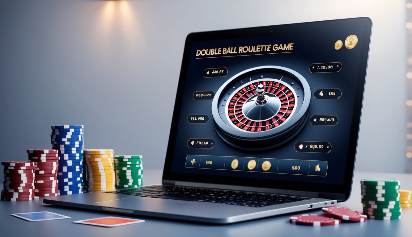 Layar komputer menampilkan permainan roulette dengan dua bola berputar di kasino online, dikelilingi oleh chip poker dan kartu remi di meja kerja modern.