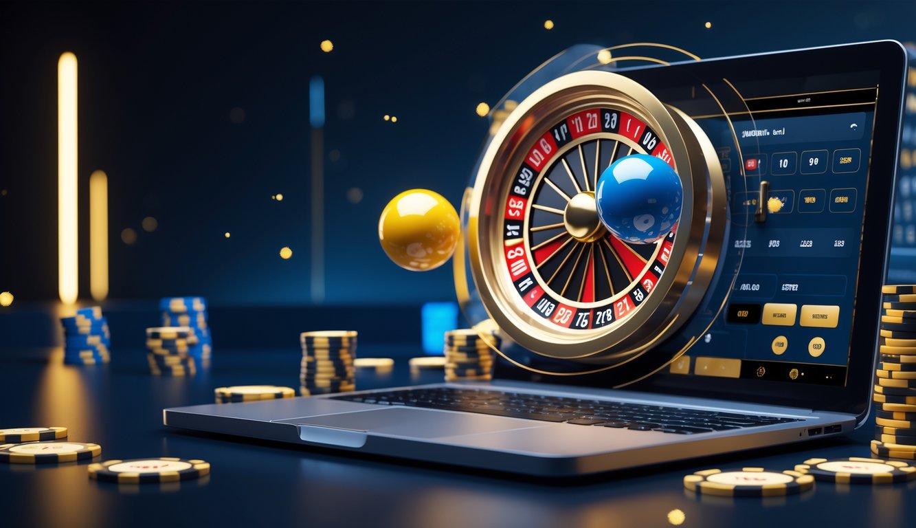 Meja roulette online dengan dua bola berputar dan perangkat digital untuk taruhan.