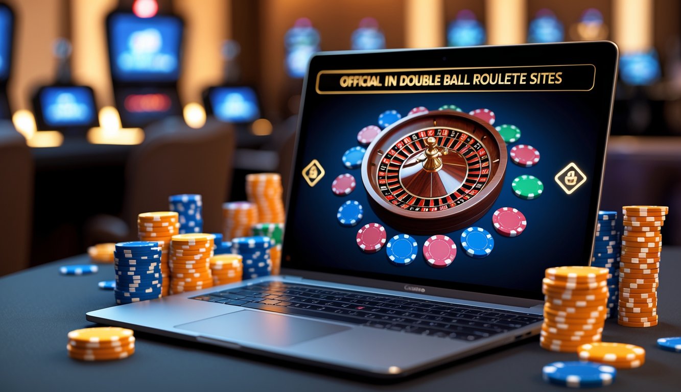 Sebuah laptop modern menampilkan animasi roda roulette bola ganda dengan suasana kasino yang hangat dan elegan di latar belakang.