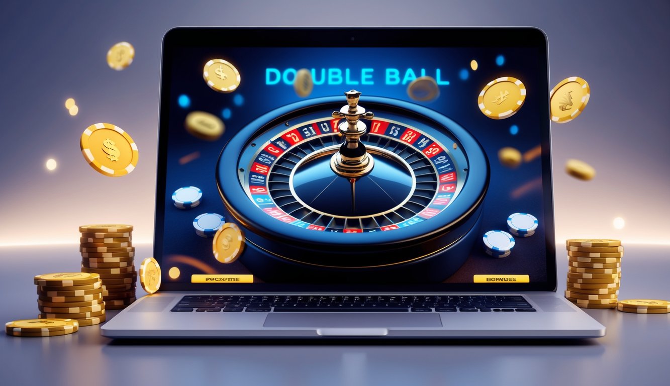 Sebuah layar komputer menampilkan permainan roulette bola ganda dengan dua bola yang berputar, dikelilingi oleh tumpukan chip kasino dan ikon bonus digital.