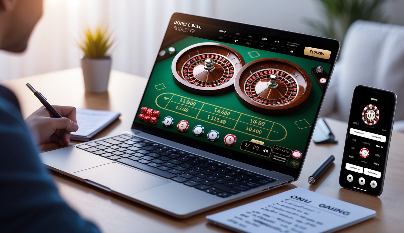 Seseorang menggunakan laptop dengan tampilan permainan roulette online yang menampilkan dua bola roulette, dikelilingi catatan dan smartphone di meja.