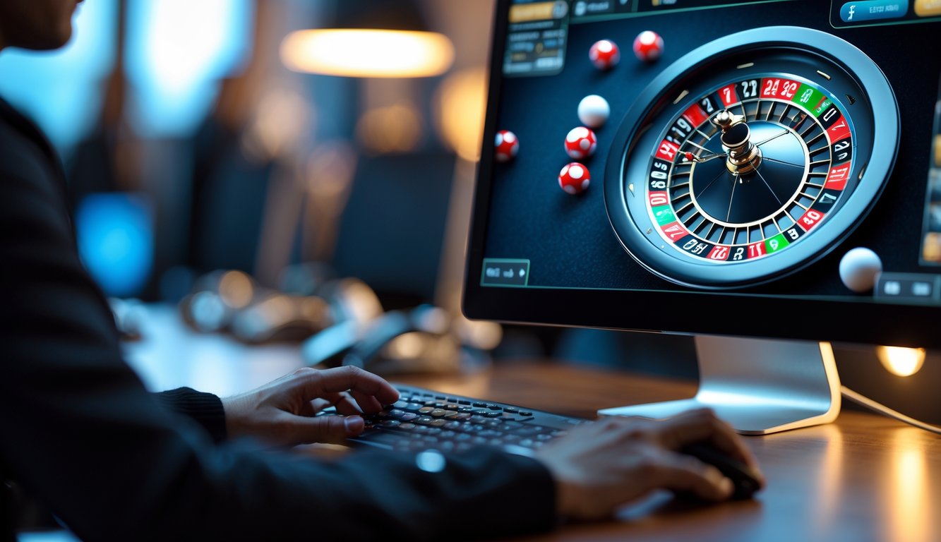 Sebuah meja kerja dengan layar komputer menampilkan permainan roulette online dengan dua bola pada roda roulette.