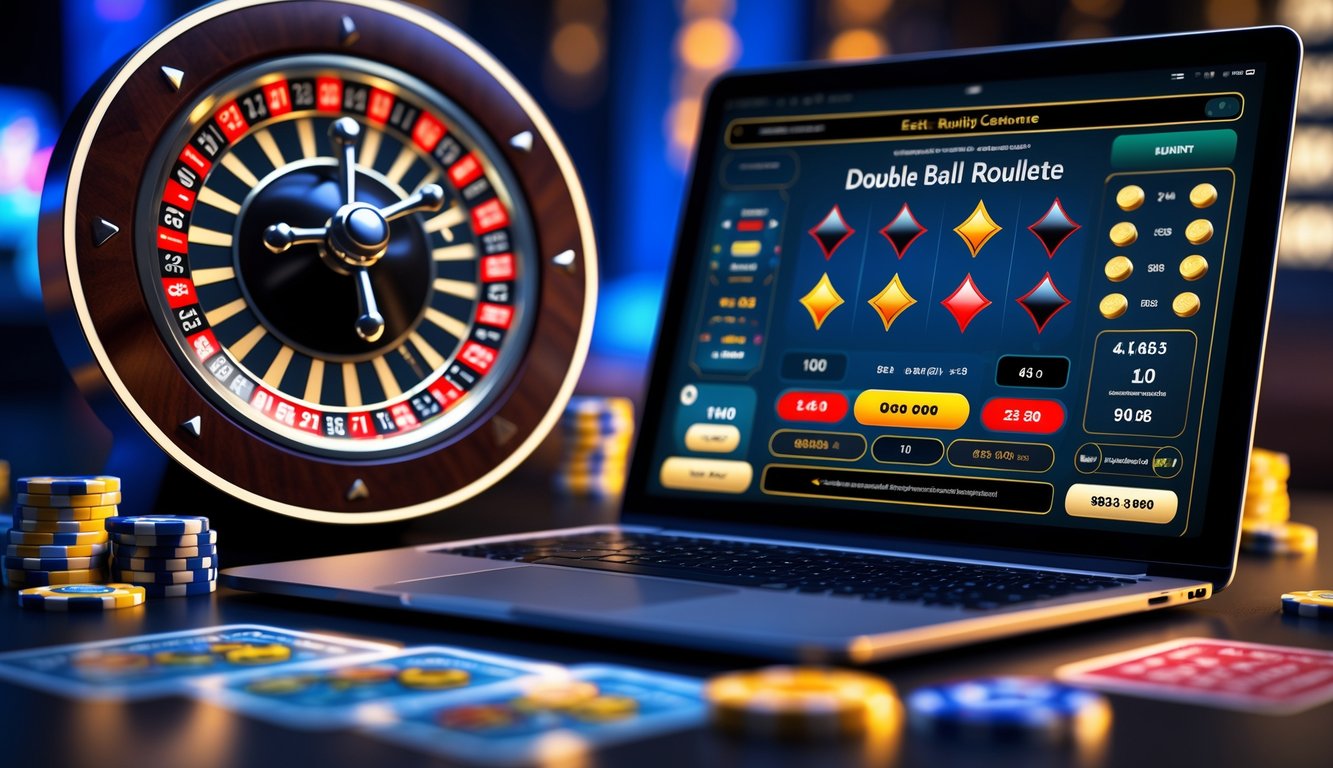 Sebuah meja roulette online dengan dua bola terlihat di roda roulette dan layar perangkat menampilkan permainan roulette.
