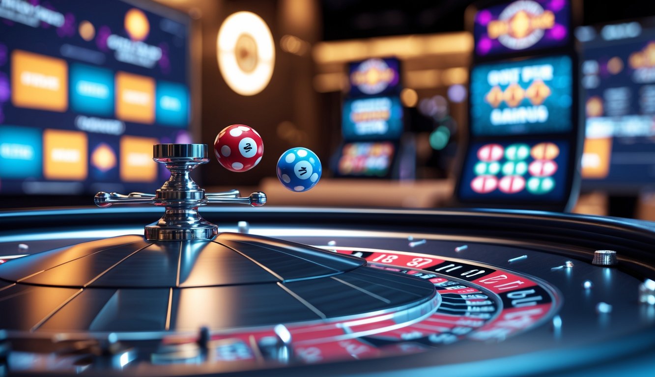 Meja roulette dengan dua bola berputar di kasino online yang modern dan terang.