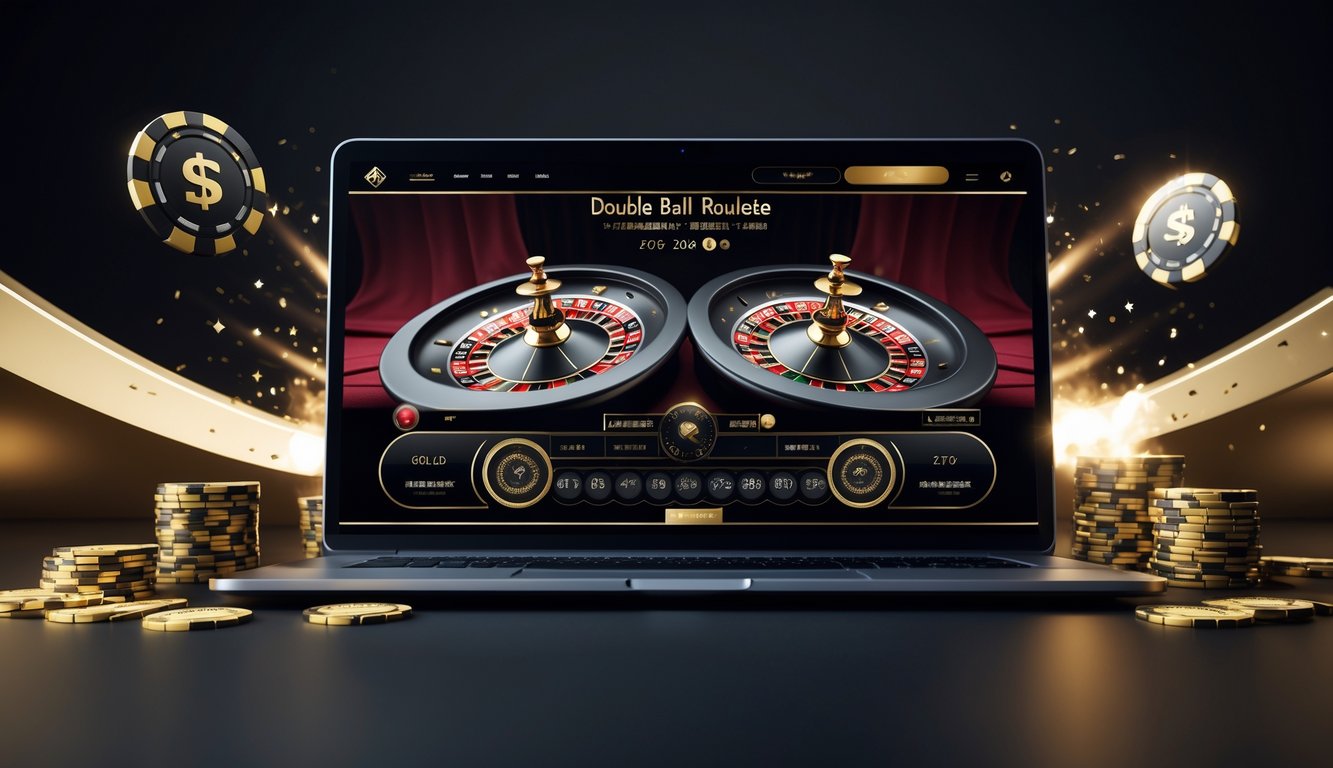 Sebuah layar komputer menampilkan permainan roulette online dengan dua bola berputar, dikelilingi chip kasino dan efek cahaya di latar belakang gelap.