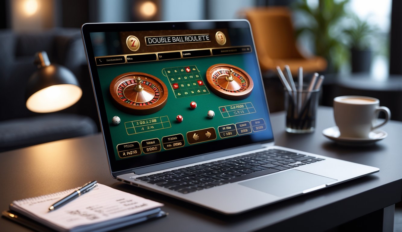 Seorang pemain sedang menggunakan komputer dengan permainan roulette bola ganda di layar, dikelilingi oleh catatan dan cangkir kopi di atas meja.