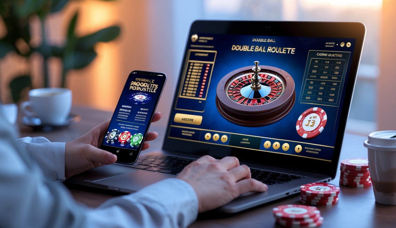 Seorang pemain sedang menggunakan laptop dengan permainan roulette online dua bola di layar, di meja terdapat chip kasino dan ponsel, suasana nyaman di ruang kerja modern.
