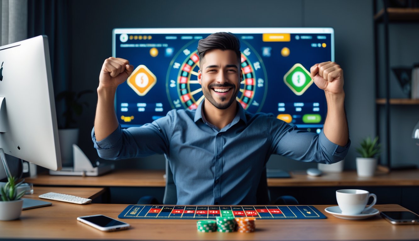 Seorang pria muda tersenyum sambil merayakan kemenangan di permainan roulette online di depan komputer di ruang kerja rumah.