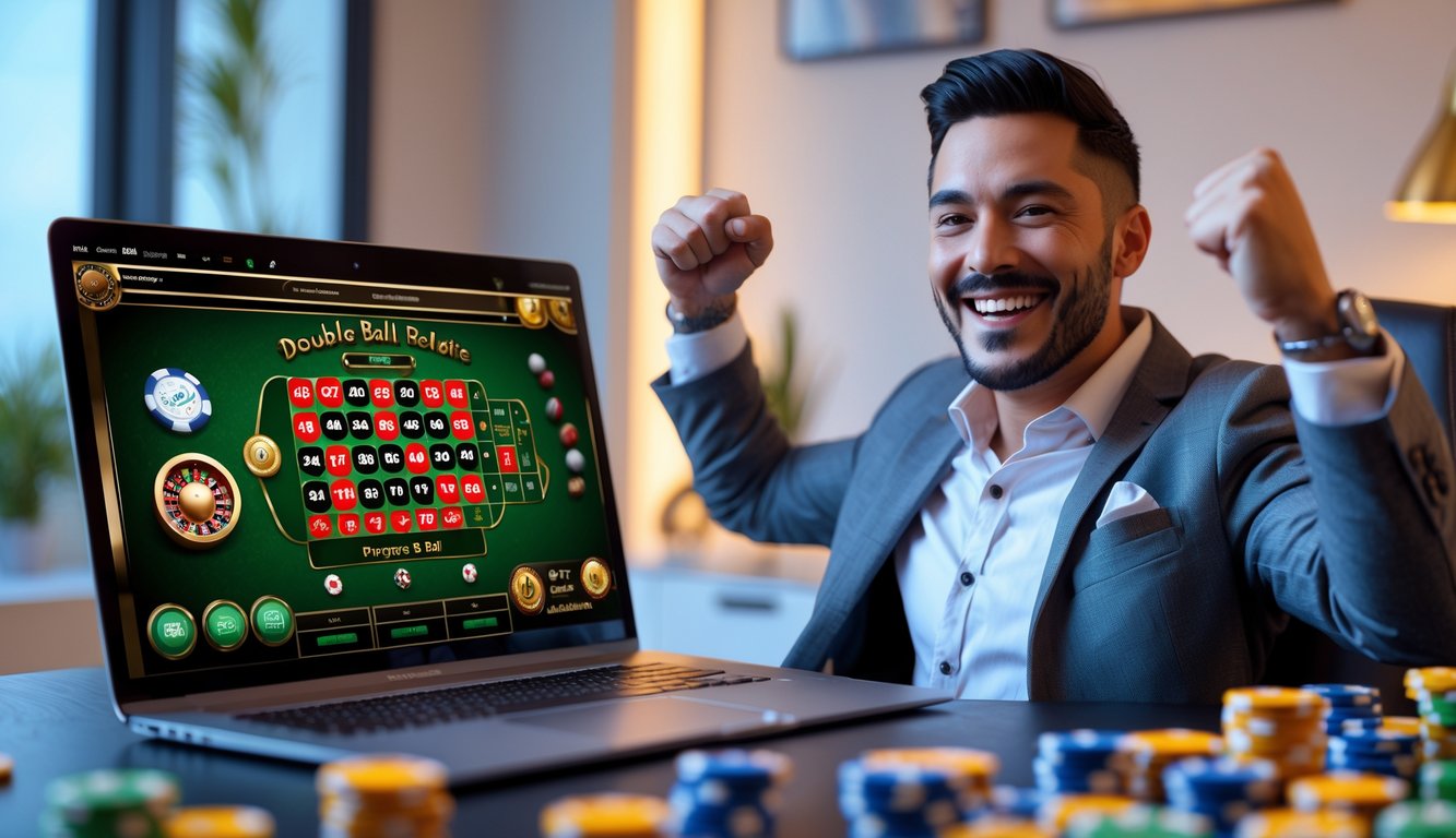 Seorang pria tersenyum dan merayakan kemenangan jackpot saat bermain roulette double ball online di depan komputer di sebuah ruangan yang terang.
