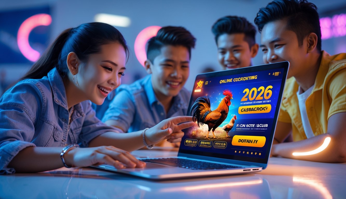 Orang-orang muda menggunakan perangkat digital untuk mengikuti promo sabung ayam online dengan latar belakang motif budaya Filipina.