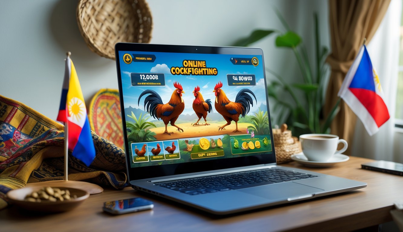 Sebuah komputer menampilkan permainan sabung ayam online dengan latar budaya Filipina di ruang kerja yang rapi.