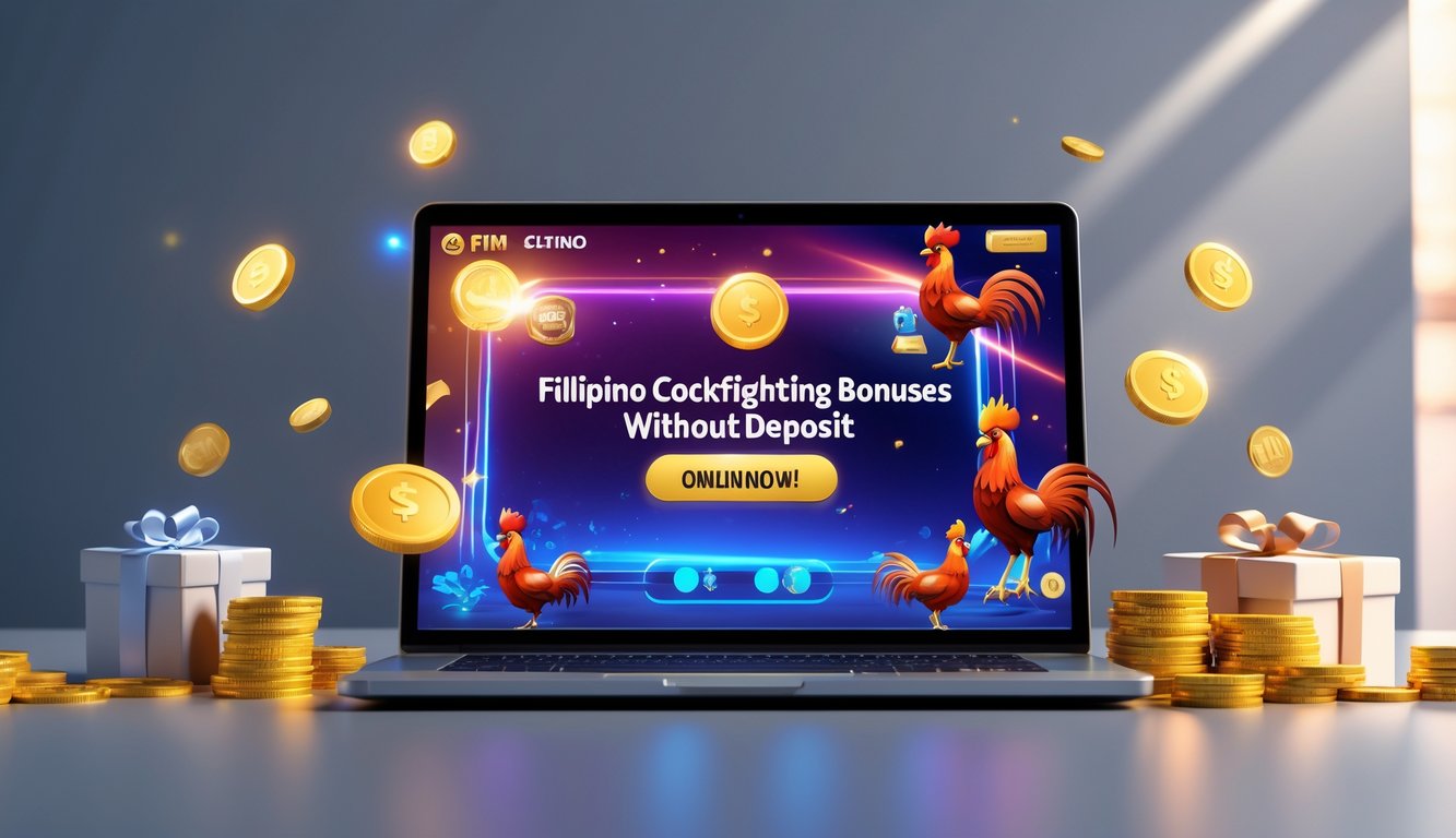 Seorang pemain menggunakan komputer dengan tampilan permainan sabung ayam online Filipina, dikelilingi oleh simbol bonus dan hadiah digital.