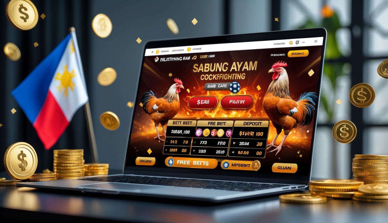 Seorang pengguna laptop dengan tampilan situs taruhan sabung ayam Filipina, dikelilingi oleh koin emas dan chip poker di atas meja kerja yang rapi.