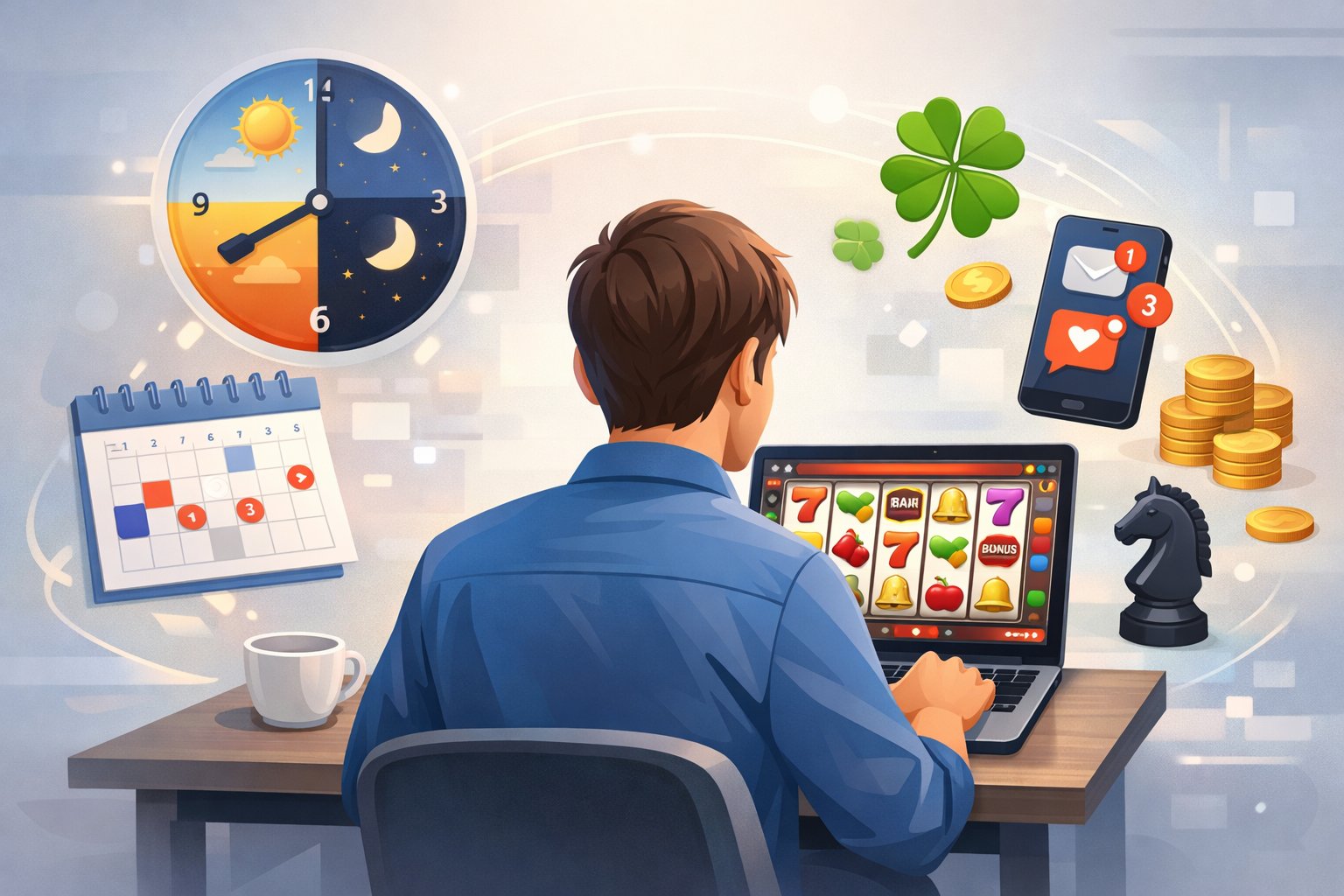 A Person Playing Online Slots On A Laptop Surrounded By Icons Representing Time, Strategy, Luck, And Notifications.