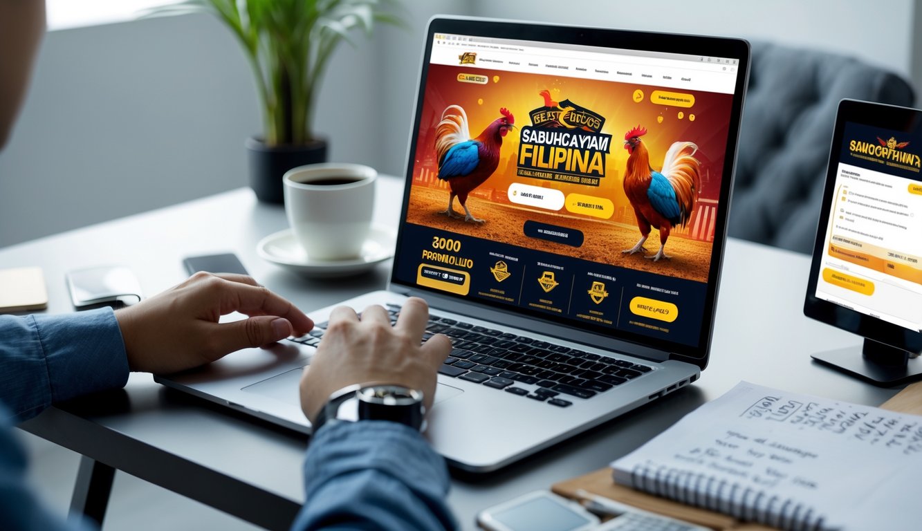 Seseorang menggunakan laptop di meja kerja dengan tampilan situs taruhan Sabung Ayam Filipina online, dikelilingi oleh smartphone, kopi, dan catatan.