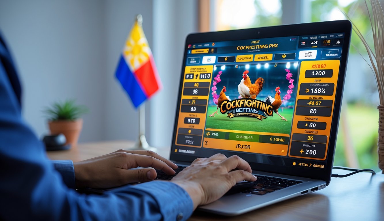 Seseorang menggunakan laptop dengan tampilan permainan sabung ayam online di meja kerja yang rapi dengan dekorasi kecil khas Filipina.