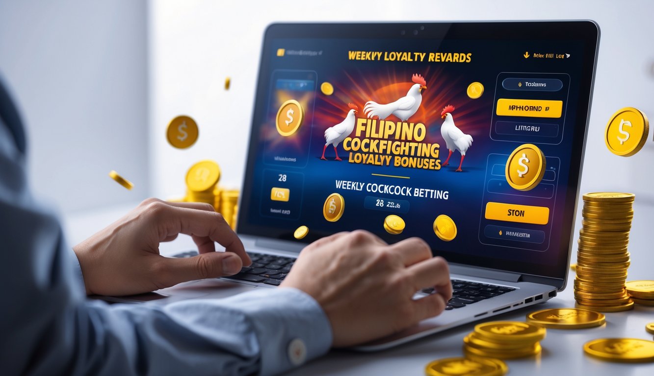 Seseorang menggunakan komputer dengan tampilan situs taruhan sabung ayam Filipina dan simbol hadiah di sekitar perangkat.