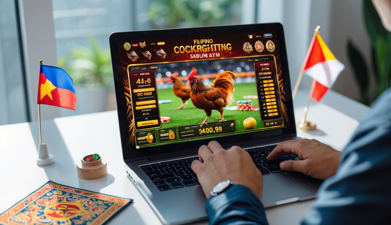 Seseorang menggunakan laptop dengan tampilan situs taruhan sabung ayam Filipina di meja yang terang dan rapi.