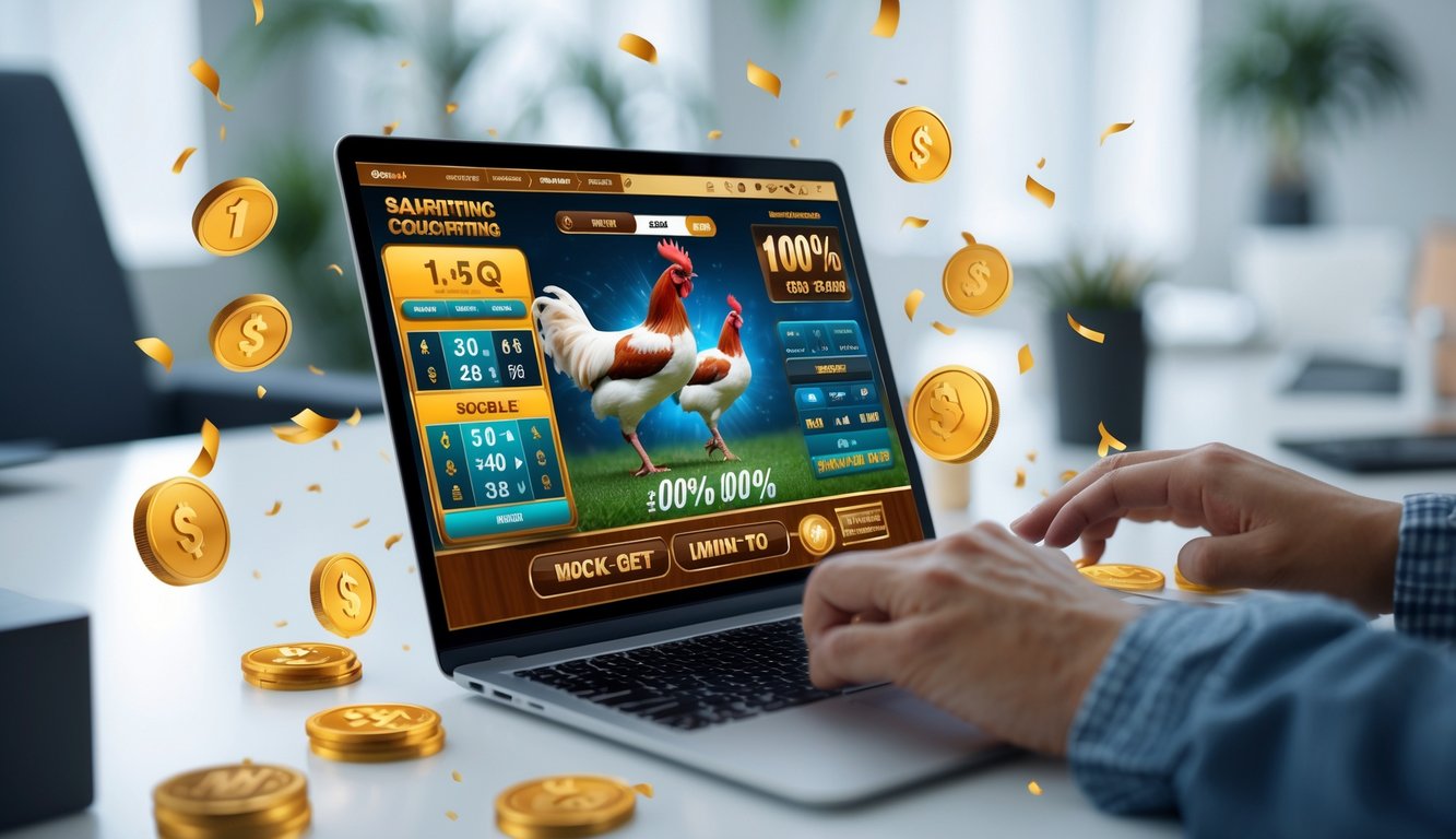 Seseorang menggunakan laptop atau ponsel dengan tampilan antarmuka taruhan sabung ayam Filipina dan elemen promosi bonus di sekitarnya.