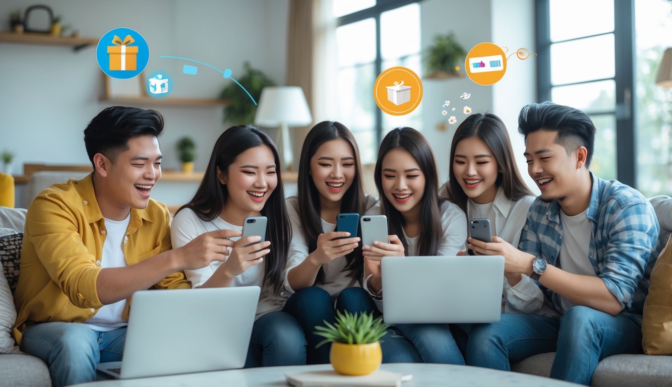 Sekelompok orang muda yang sedang menggunakan ponsel dan laptop di ruang tamu, tampak senang dan berinteraksi satu sama lain.