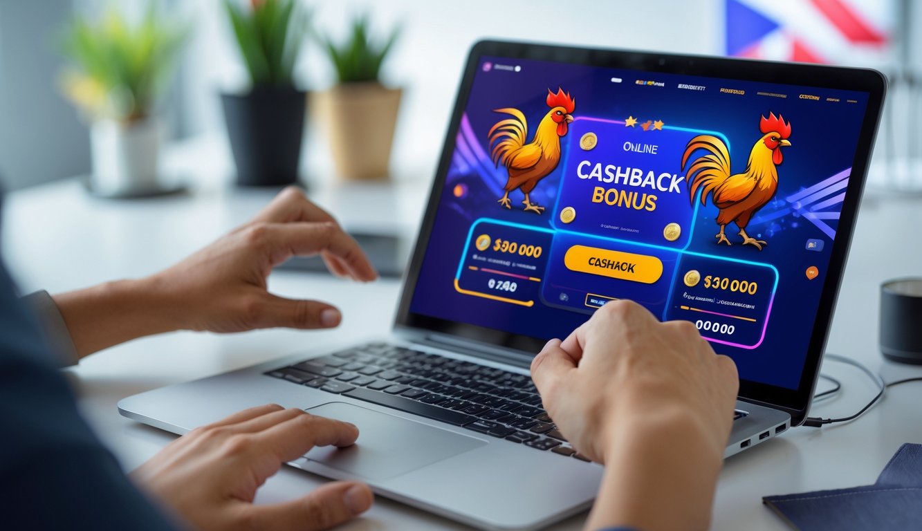 Seseorang menggunakan laptop dengan gambar ayam jago dan simbol cashback di layar, menunjukkan promosi bonus cashback sabung ayam Filipina online tanpa wagering.