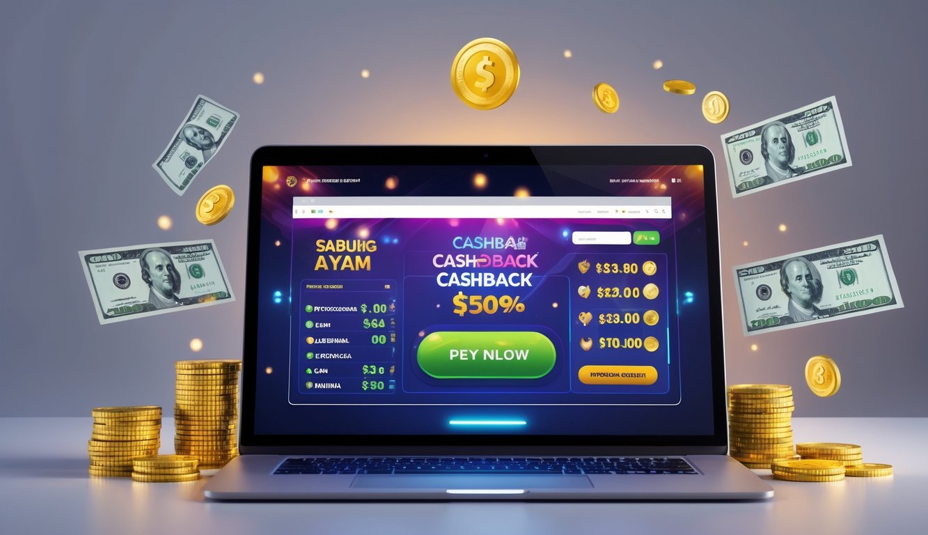 Seorang pengguna menggunakan laptop dengan tampilan platform taruhan Sabung Ayam Filipina online, dikelilingi oleh simbol koin dan uang cashback.